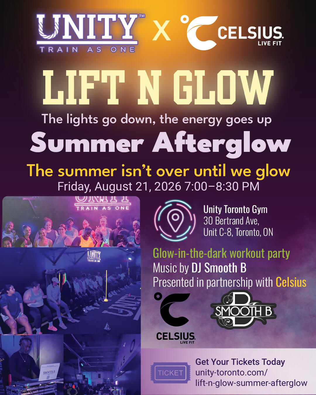 Primary flyer for Unity Gym's Lift N Glow Summer Afterglow event.